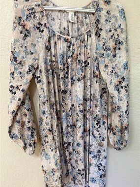 Light Floral Long Sleeve Boho Dress - Blue & Cream